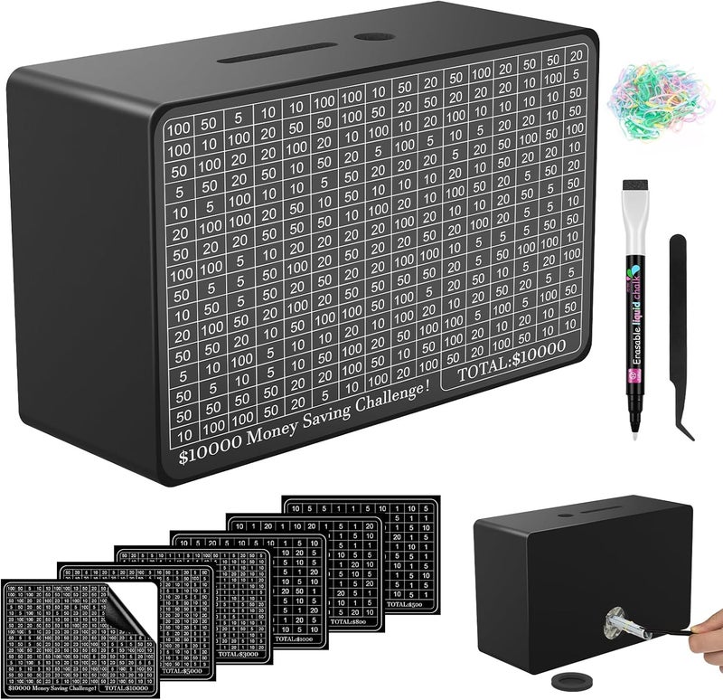 Gomyrod Wooden Money Saving Box, Cash Vault Savings Box for $10000 $5000 $3000 $1000 $800 $500 Target Money Saving Challenge, Reusable Money Box with Counter, Dry Erase Pen/Savings Trackers/Rubber Band-Black - Image 1